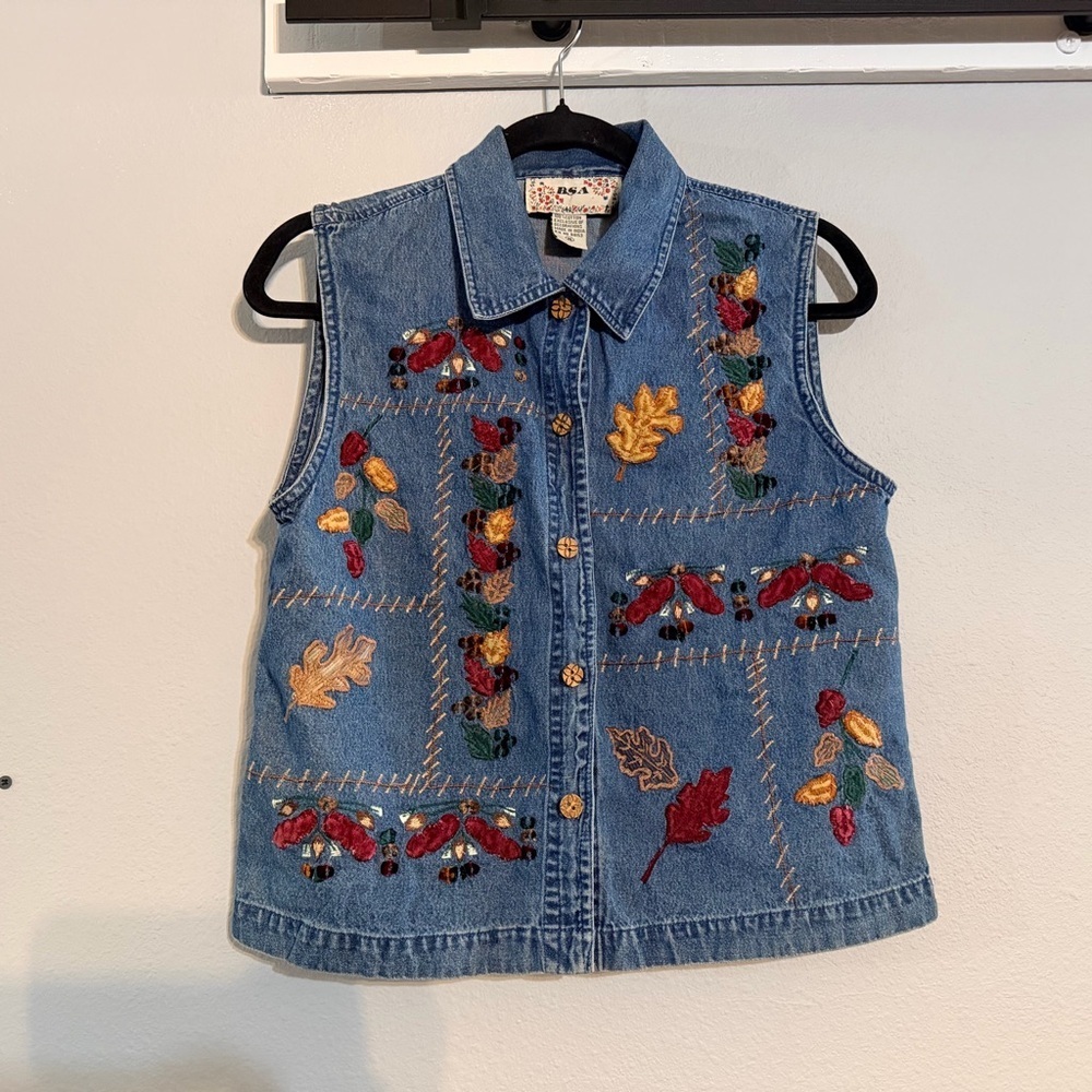 Vtg Embroidered Button Front Denim Vest Medium Leaves Patchwork Velvet Fall